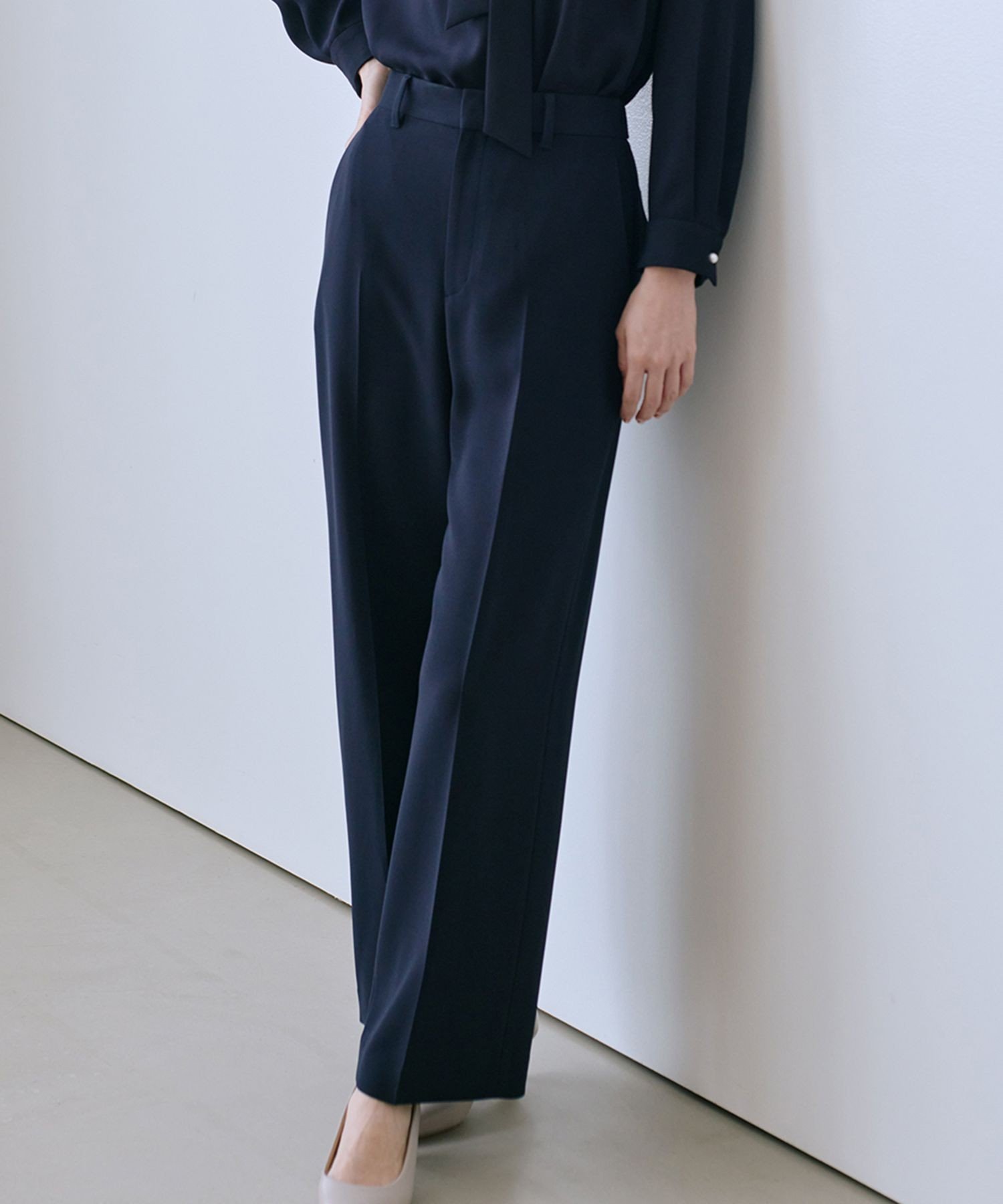 ROPE' トリアセダブルクロス ストレートワイドパンツ/イージーケア ロペ パンツ その他のパンツ ネイビー【送料無料】