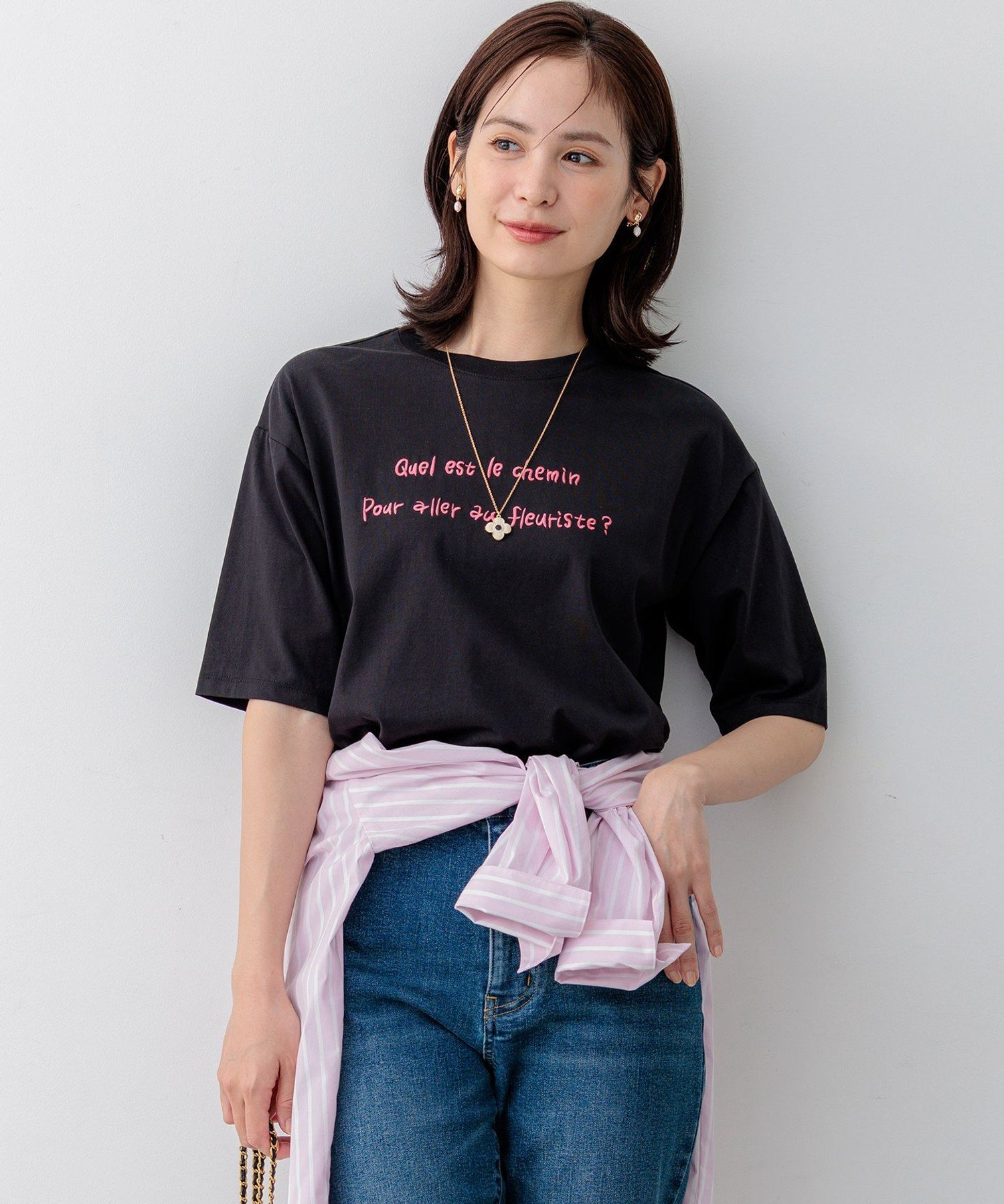 組曲 L 【Flower Collection】プリントTシャツ クミキョク トップス カットソー・Tシャツ ホワイト ブラック