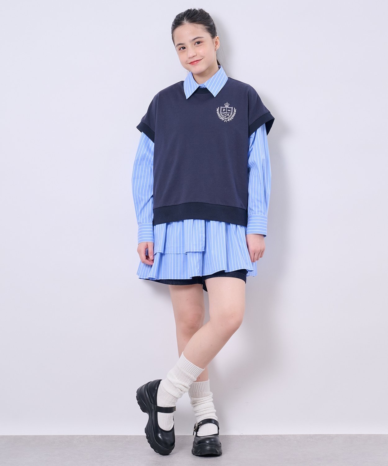 POM PONETTE AMI 【AMI】ミニ裏毛ベスト×ペプラムシャツワンピースセット ナルミヤオンライン ワンピー..