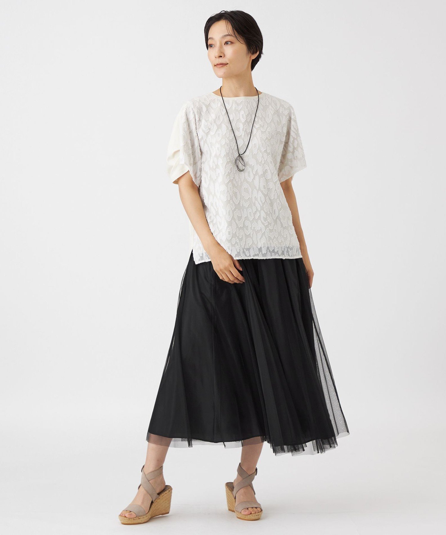 【マシンウォッシャブル】パンサージャカードコンビカットソー エヴェックス バイ クリツィア トップス カットソー・Tシャツ ホワイト ブラック