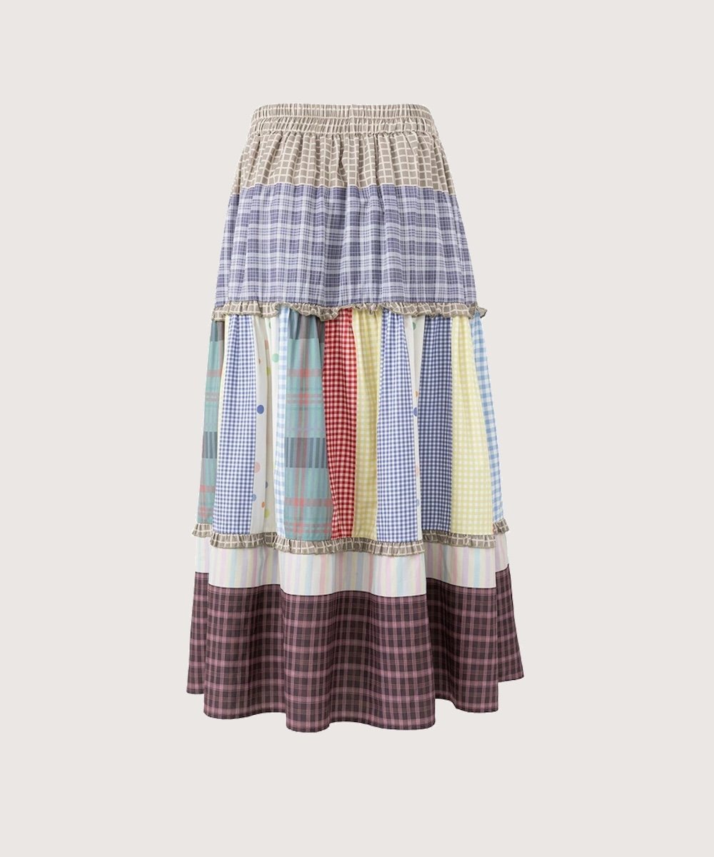 les fees love filles Patchwork Gingham Tiered Long Skirt ラポミ・プチ スカート ロング・マキシスカート