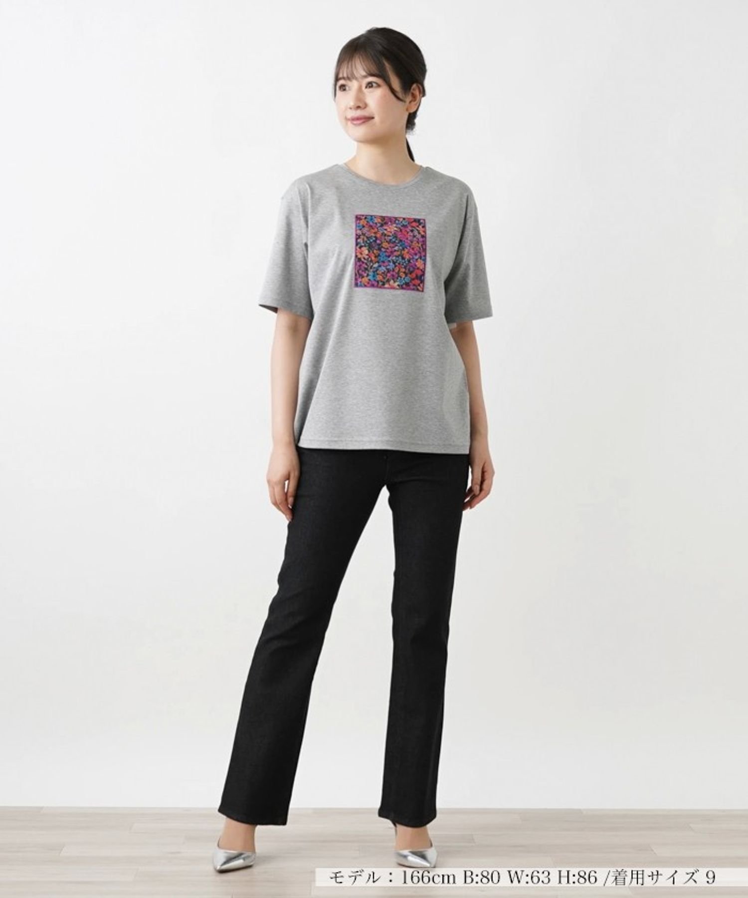 Leilian フラワーモチーフTシャツ レリアン トップス カットソー・Tシャツ ネイビー グレー