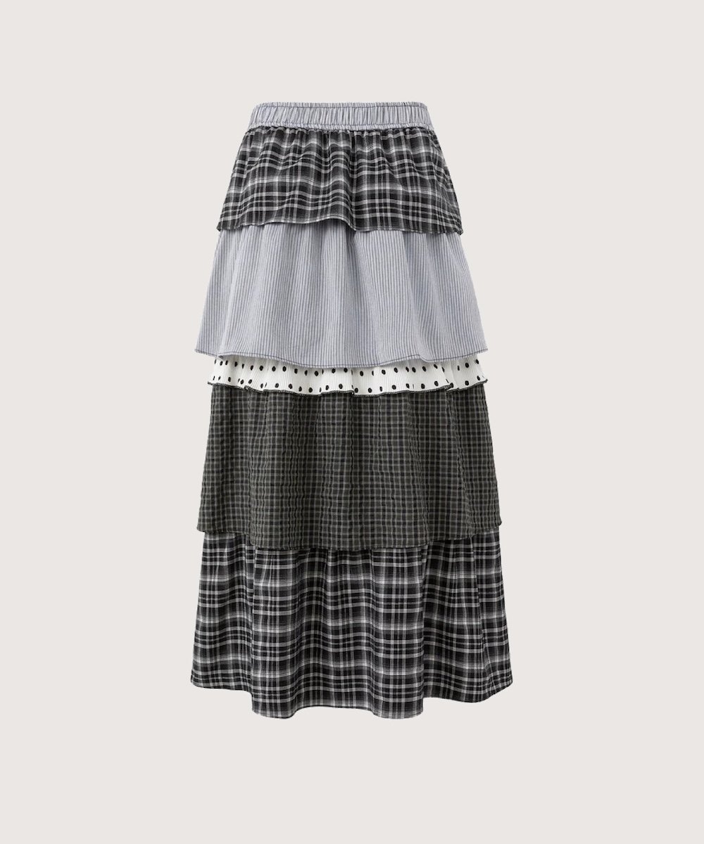 les fees love filles Patchwork Check Tiered Ruffle Long Skirt ラポミ・プチ スカート ロング・マキシスカート ブラック