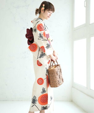 utatane utatane/(W)浴衣3点セット アンティーク図案・本染め注染 先染めベージュに朱赤のまんまる花 ウタタネ ビジネス/フォーマル 着物/浴衣 ベージュ【送料無料】