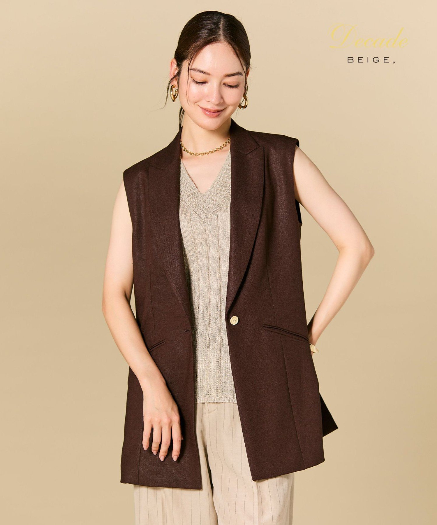 BEIGE, CAROLE / リネンライクノースリーブジレジャケット ベイジ, トップス ベスト・ジレ【送料無料】
