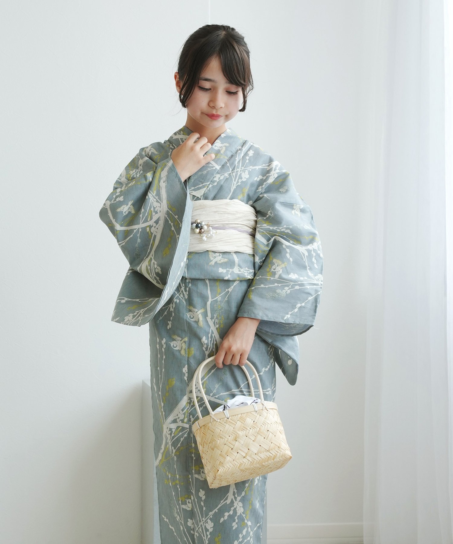 ひよこ商店 ひよこ商店 低身長コーデ・Jrサイズ 浴衣3点セット 浅葱鼠に飛び回る雀 ウタタネ 着物・浴..