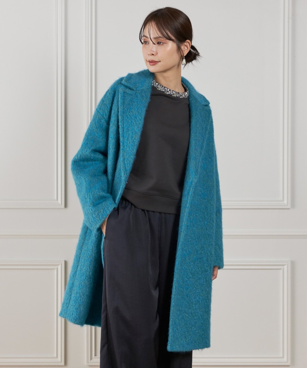 Le Souk シャギーチェスターコート イネド ジャケット・アウター チェスターコート ブルー