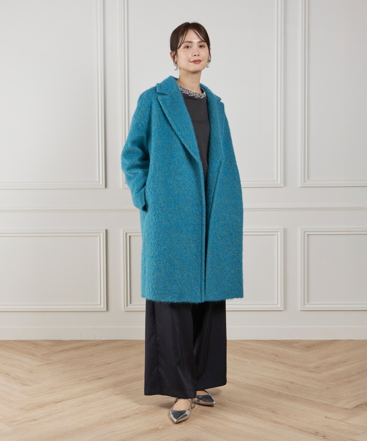 Le Souk シャギーチェスターコート イネド ジャケット・アウター チェスターコート ブルー