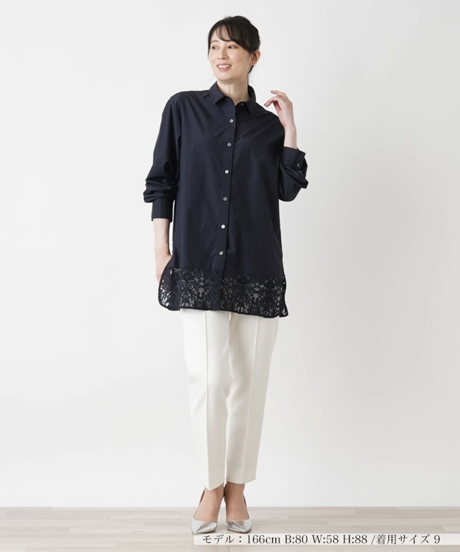 Leilian ロング丈ブラウス レリアン トップス シャツ・ブラウス ネイビー