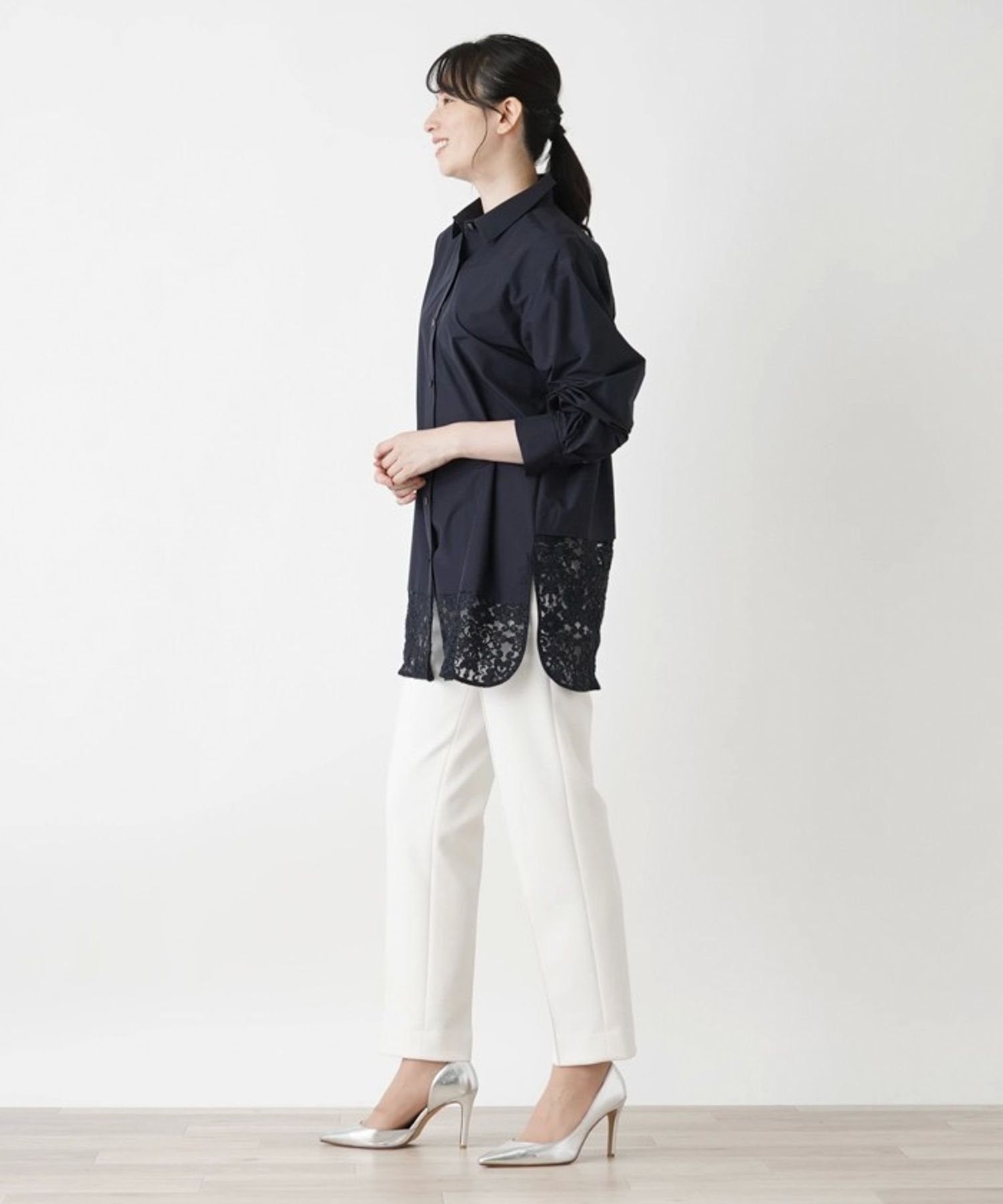 Leilian ロング丈ブラウス レリアン トップス シャツ・ブラウス ネイビー