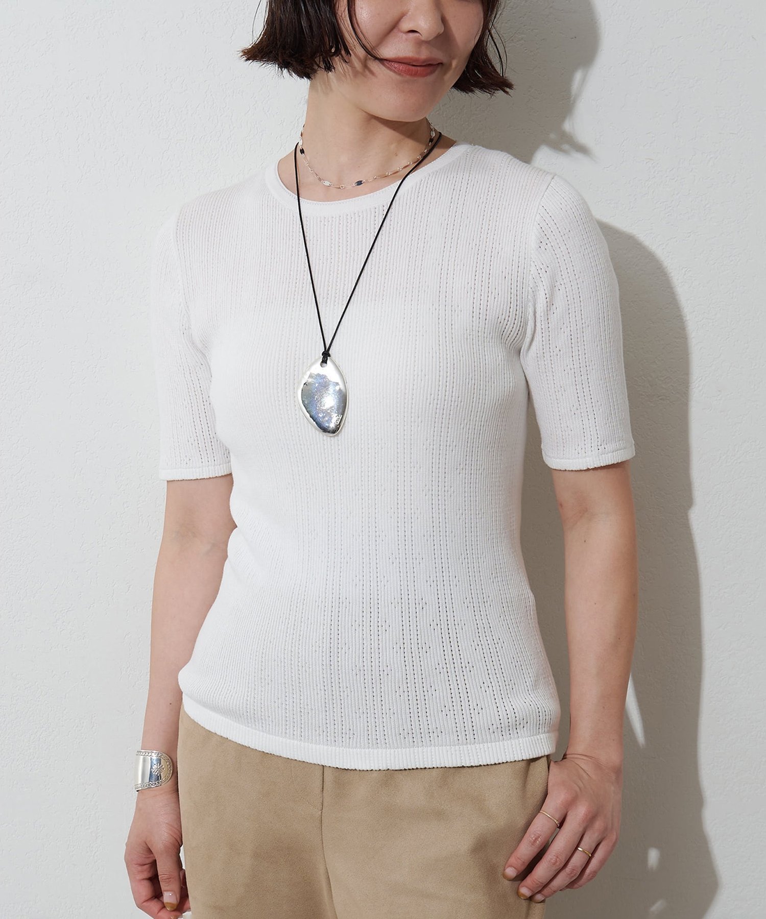 Whim Gazette アイレットハーフスリーブ ウィム ガゼット トップス カットソー・Tシャツ ホワイト グレー