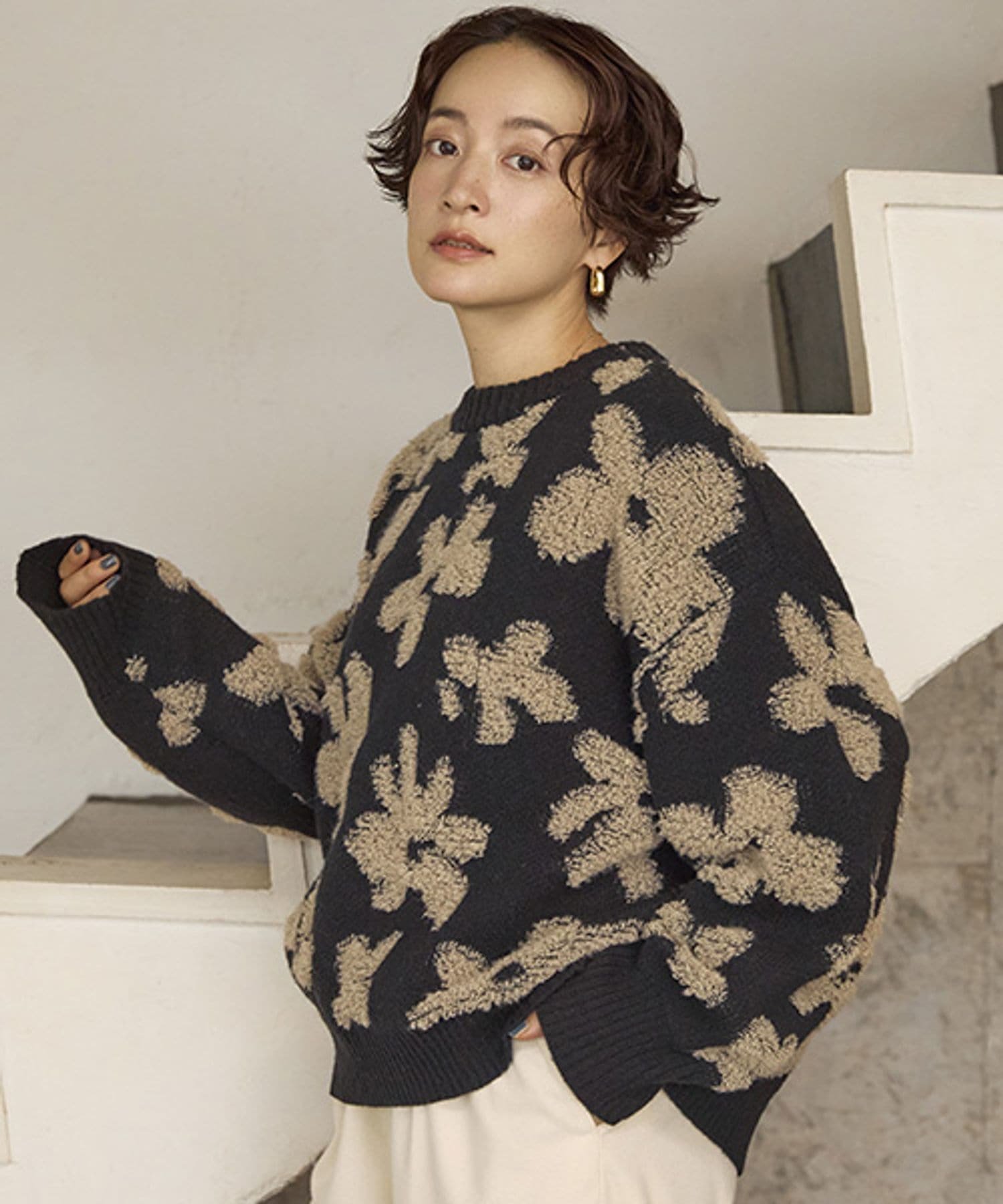 【SALE／20%OFF】studio CLIP 7ゲージパイルジャガード花柄ニットプルオーバー スタディオクリップ トップス ニット ネイビー ホワイト ブラック【送料無料】のサムネイル