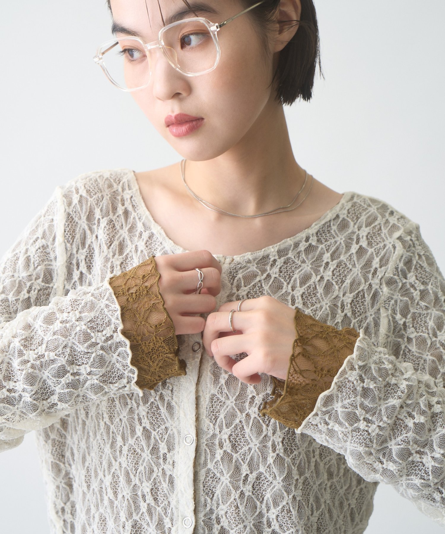 【リバーシブル/4WAY】配色レーススナップカーデ チャオパニックティピー トップス カットソー・Tシャツ カーキグリーン ホワイト ブラック