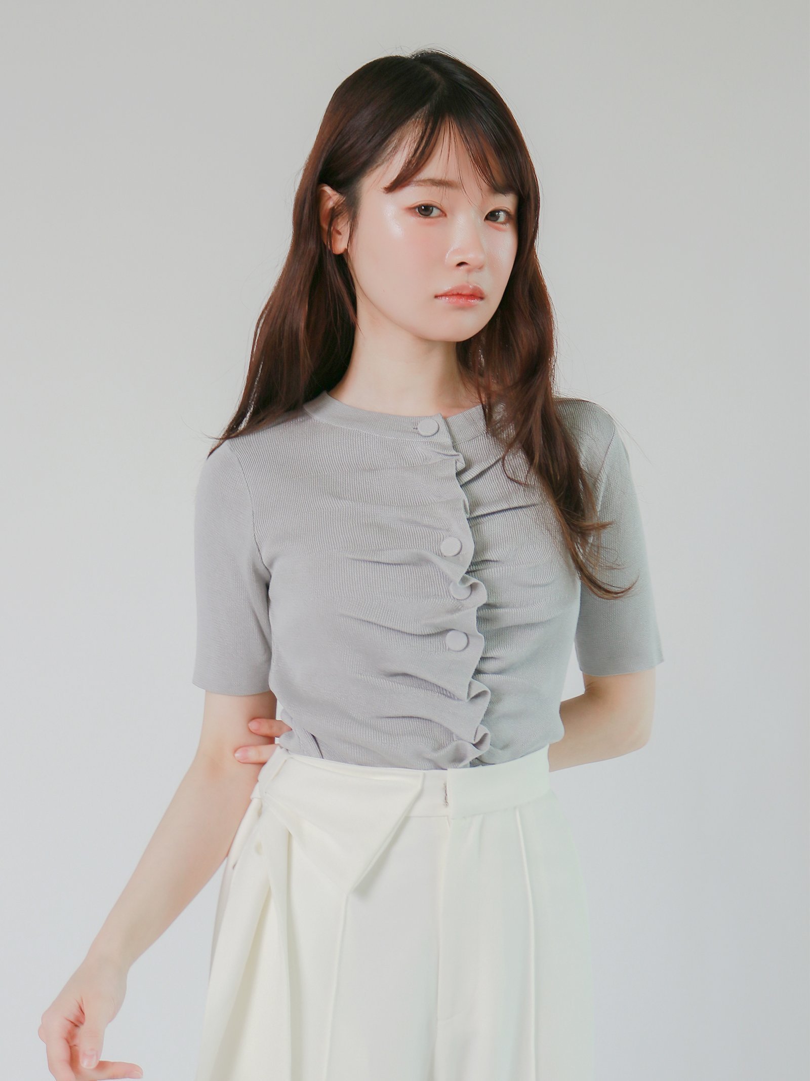 mic by Olu. 【mic】ハーフスリーブギャザーカーディガン オルドット トップス カットソー・Tシャツ ブルー ホワイト グレー