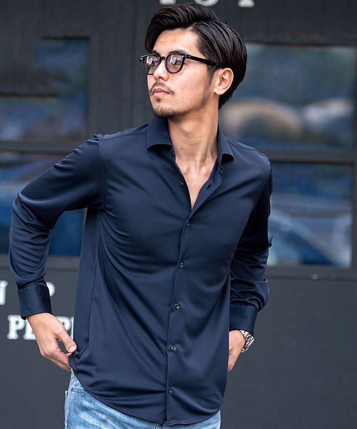 CavariA ダブルメッシュホリゾンタルカラーシャツ シルバーバレット トップス シャツ・ブラウス ブラック ブルー ネイビー ホワイト