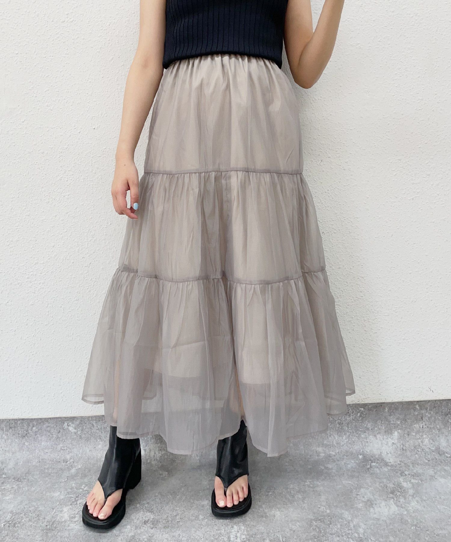 【SALE／50%OFF】kivi オーガンジーティアードSK レトロガール スカート ロング・マキシスカート グレー ホワイト ブラック グリーンのサムネイル