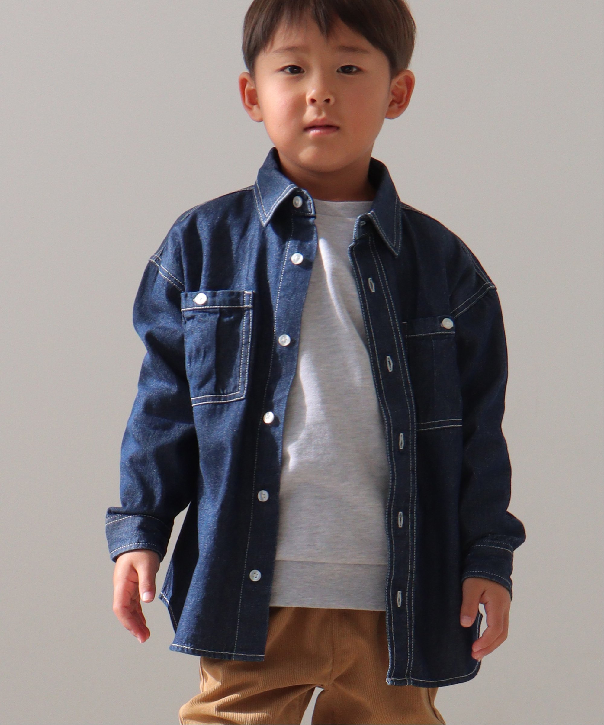 ikka デニム&チェックオーバーシャツ(120~160cm) イッカ トップス シャツ・ブラウス ブルー ブラック