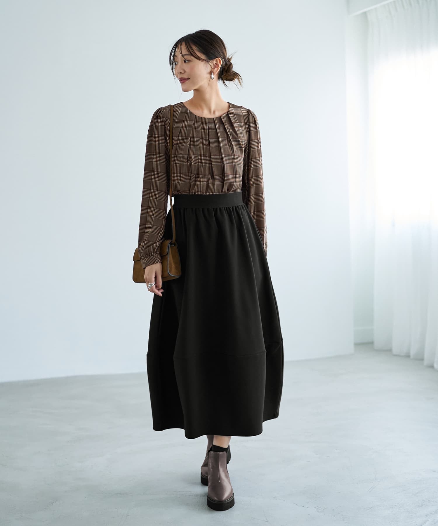 STYLE DELI 【LUXE】マットサテンチェック柄ブラウス スタイルデリ トップス シャツ・ブラウス カーキグリーン ブラウン