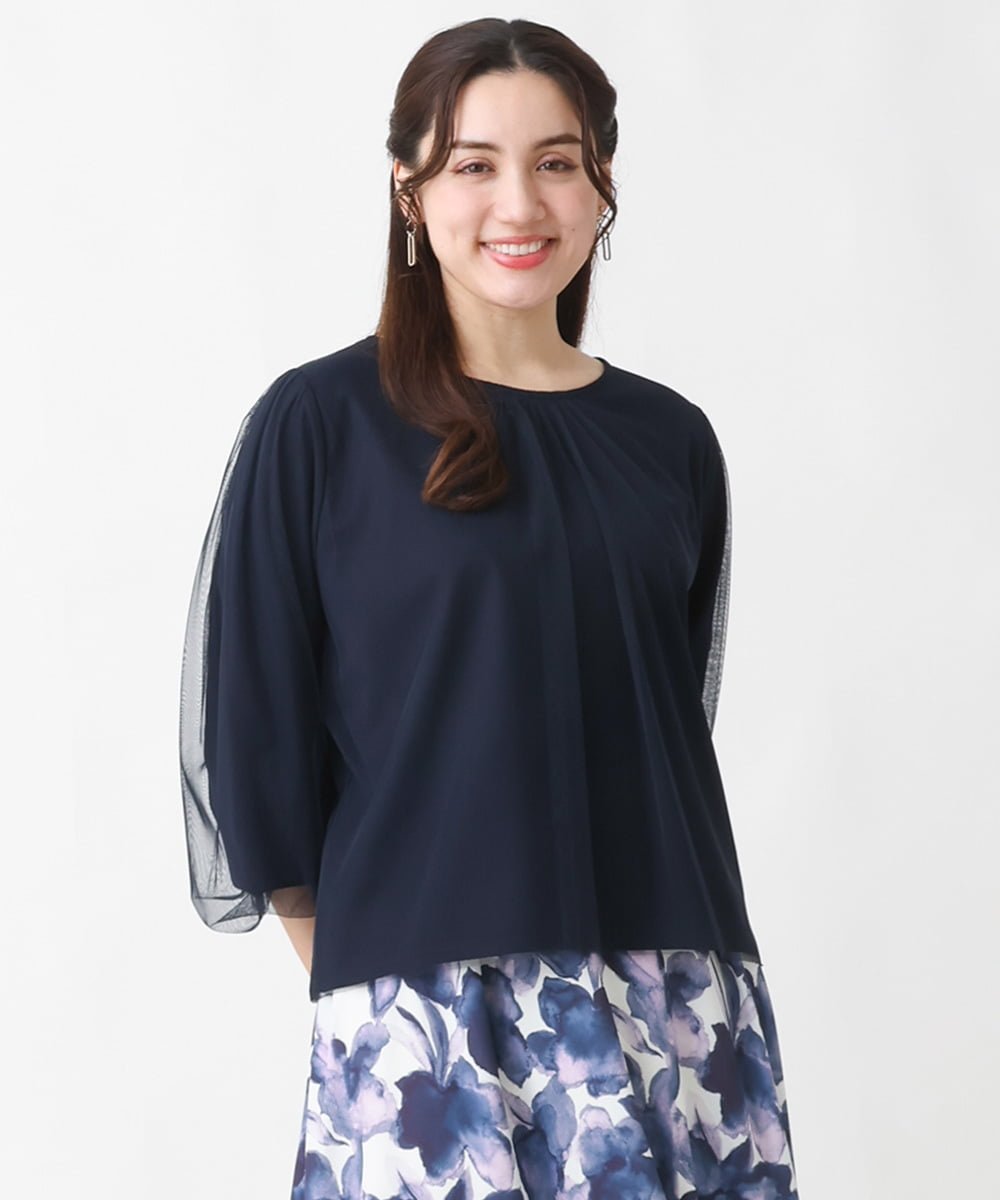 【大きいサイズ】チュールデザインカットソー エウルキューブ トップス カットソー・Tシャツ パープル ネイビー