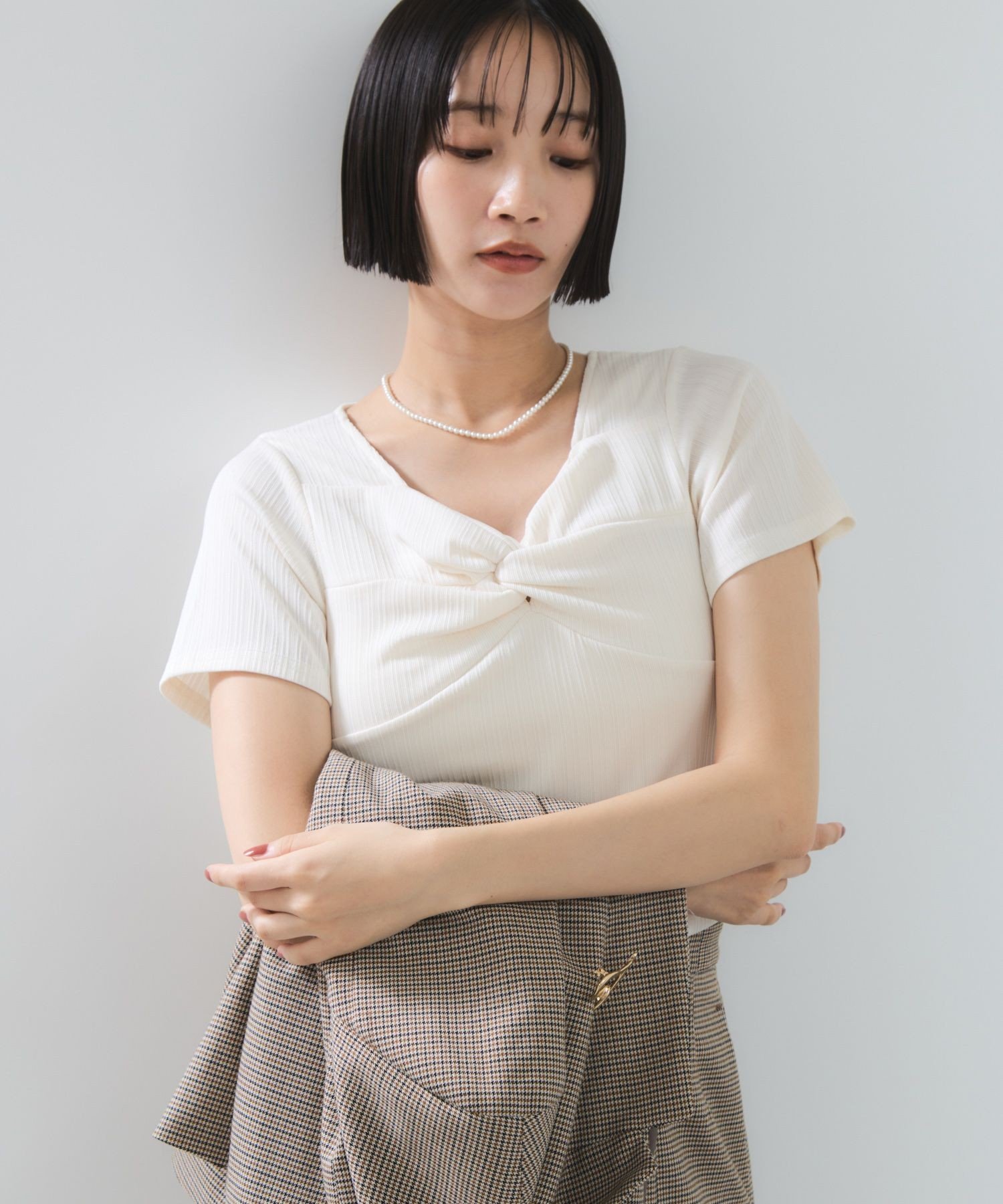 VIS ツイストテレコカットソー ビス トップス カットソー・Tシャツ グレー ホワイト