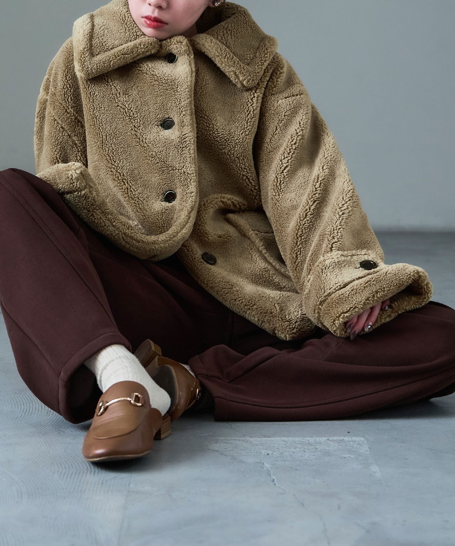 FashionLetter ミドル丈 テディボア ステンカラーコート ビーフラット ジャケット・アウター ステンカラーコート ブラウン グレー ベージュ【送料無料】