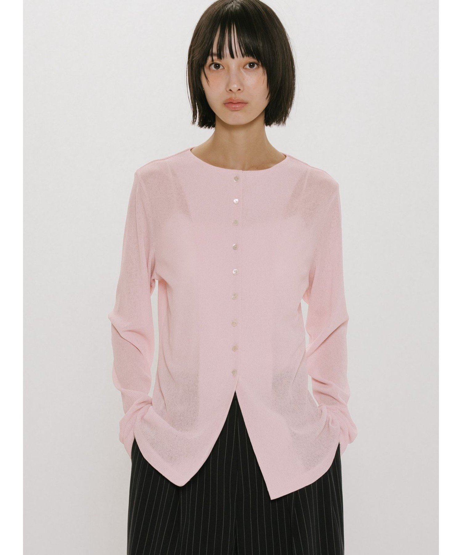 【SALE／50%OFF】MIDIUMISOLID MIDIUMISOLID for Ladies クルーネックロングカーディガン マーコート トップス カーディガン ブラック グレー ホワイト ピンク【送料無料】