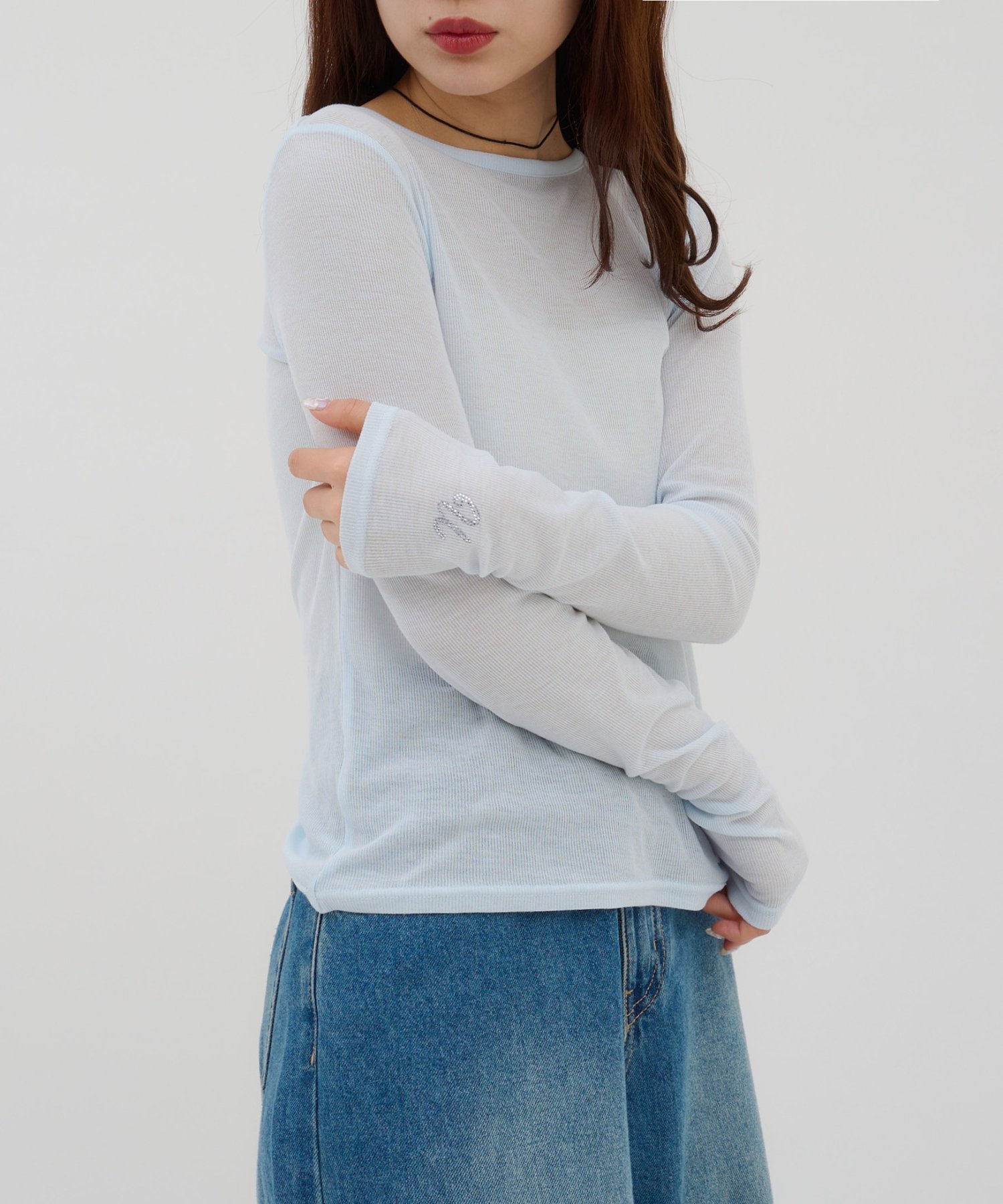 【umm.】ビジューリブシアーTシャツ ディスコート トップス カットソー・Tシャツ ホワイト ブルー
