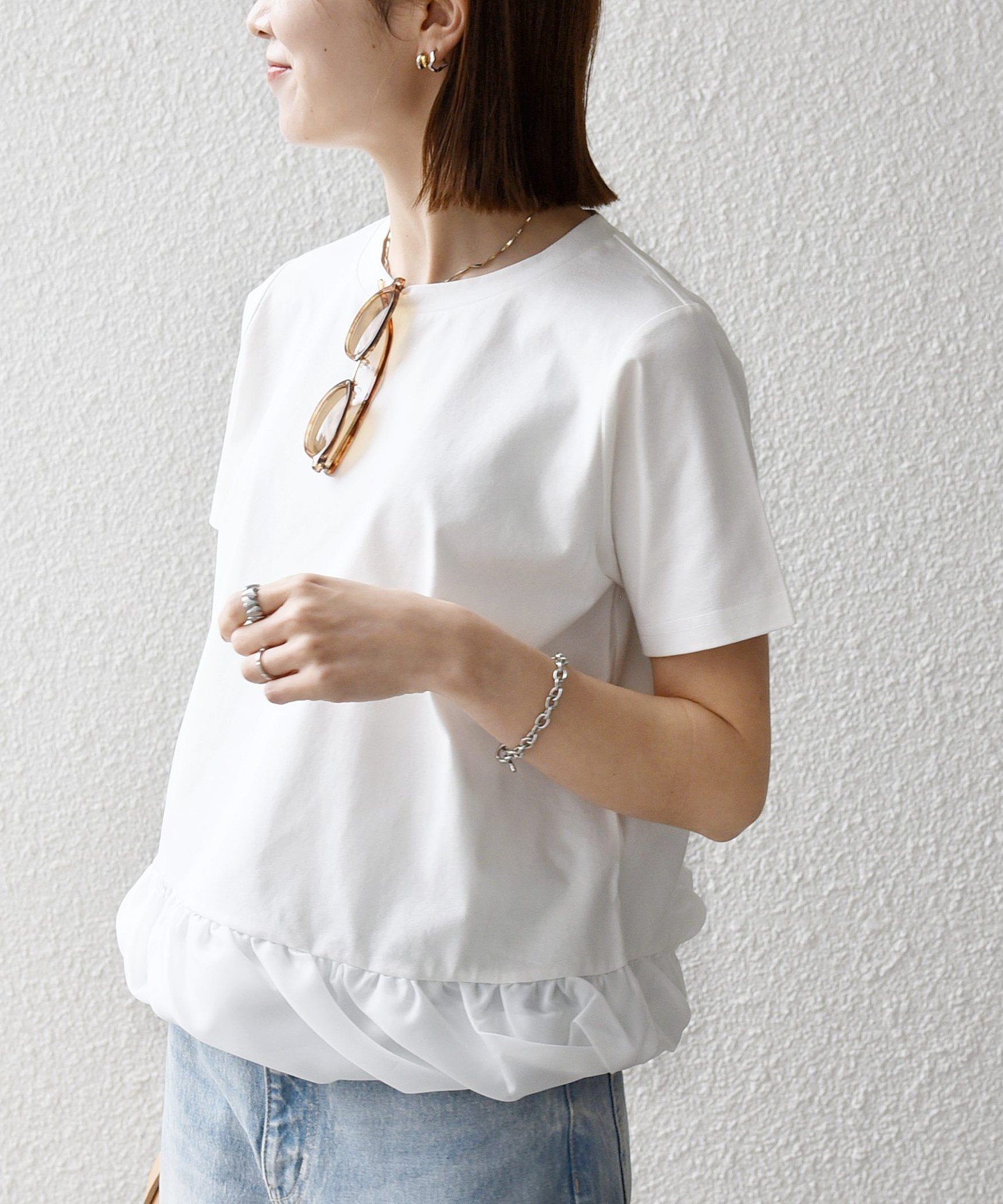SHIPS any:＜多機能/洗濯機可能＞マルチファンクション ドッキング ヘム コンパクト TEE シップス トップス カットソー・Tシャツ グレー ホワイト