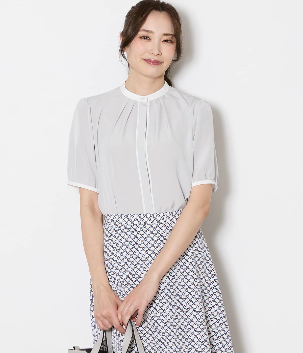 NEWYORKER WOMEN L-SIZE 【L】ライトデシン バンドカラー配色ブラウス ニューヨーカー エルサイズ トップス シャツ・ブラウス