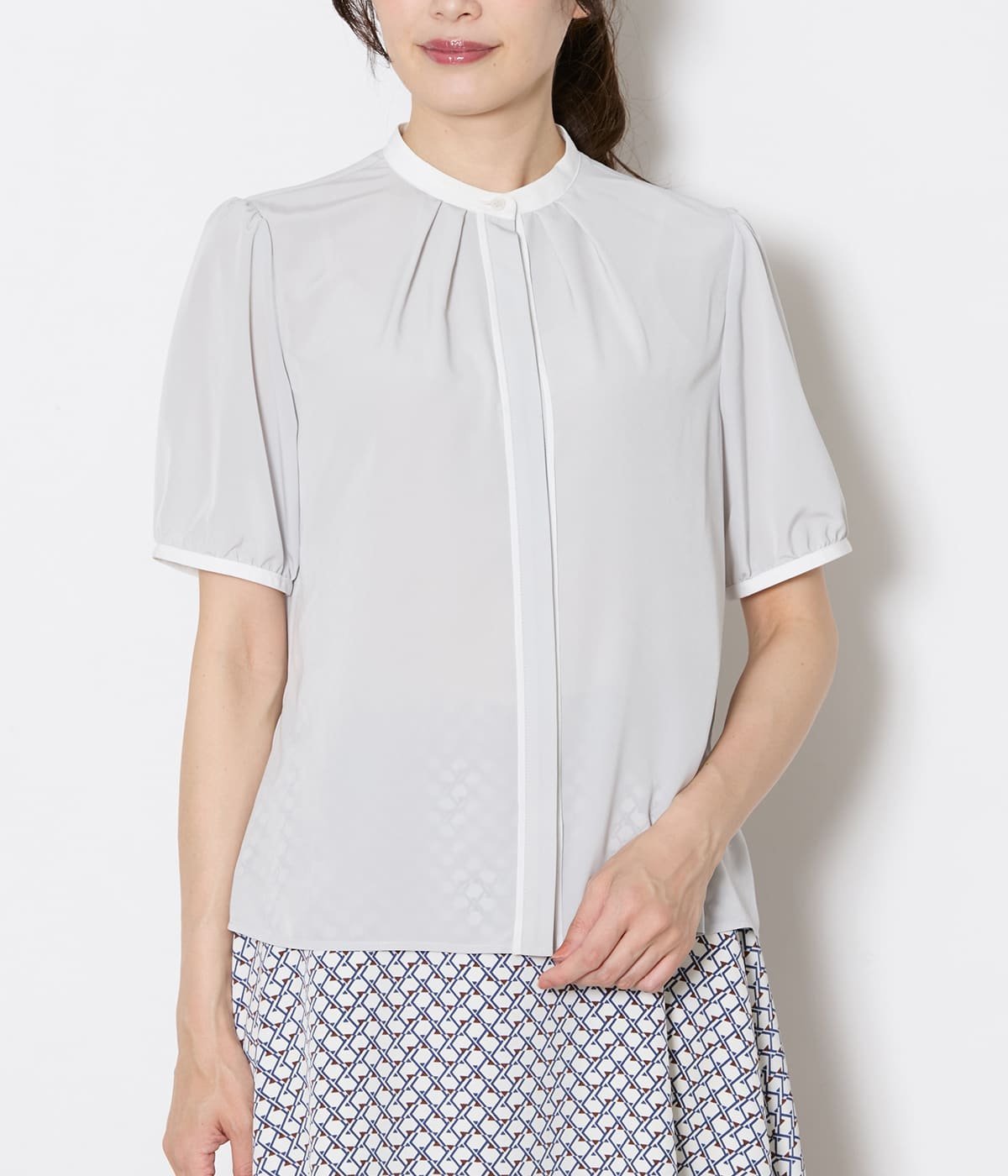 NEWYORKER WOMEN L-SIZE 【L】ライトデシン バンドカラー配色ブラウス ニューヨーカー エルサイズ トップス シャツ・ブラウス