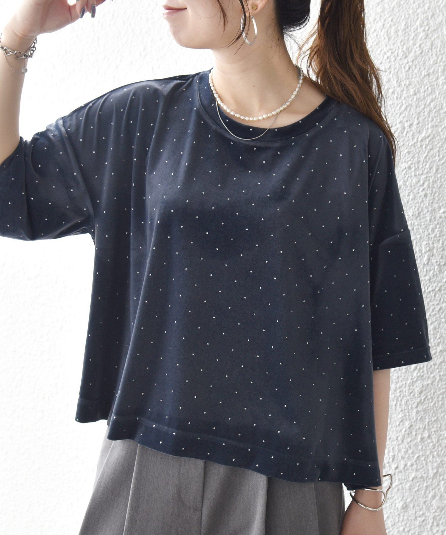 SHIPS any SHIPS any:＜洗濯機可能＞ポリエステルベロア ラメ ドット ワイド カットソー シップス トップス カットソー・Tシャツ ネイビー ベージュ【送料無料】