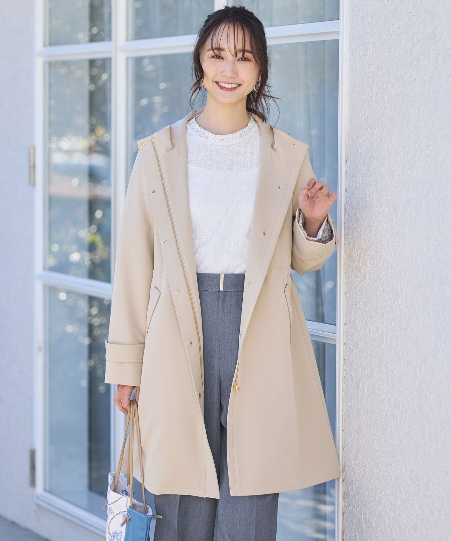 【SALE／30%OFF】ANY SIS S 【撥水・UVカット・洗える】フーデットロング コート エニィスィス ジャケット・アウター その他のジャケット・アウター ネイビー ベージュ【送料無料】のサムネイル