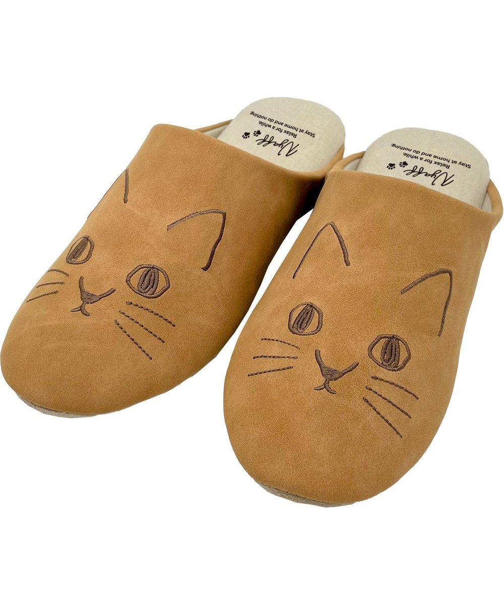 BACKYARD FAMILY にゃふにゃふ フェイクレザー刺繍スリッパ ローラ インテリア・生活雑貨 その他のインテリア・生活雑貨 グレー ブラウン