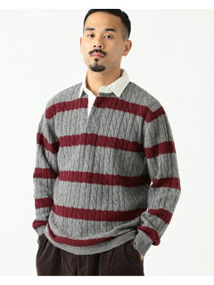 Blended Wool Stripe Rugby Cable Sweater 11-15-1353-103: Grey Blended Wool Stripe Rugby Cable Sweater 11-15-1353-103: Grey