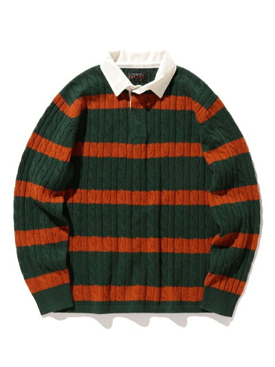Blended Wool Stripe Rugby Cable Sweater 11-15-1353-103: Green Blended Wool Stripe Rugby Cable Sweater 11-15-1353-103: Green