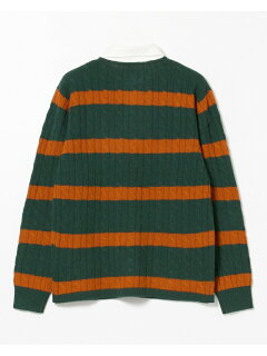 Blended Wool Stripe Rugby Cable Sweater 11-15-1353-103: Green Blended Wool Stripe Rugby Cable Sweater 11-15-1353-103: Green