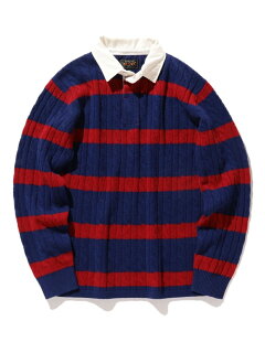 Blended Wool Stripe Rugby Cable Sweater 11-15-1353-103: Blue Blended Wool Stripe Rugby Cable Sweater 11-15-1353-103: Blue