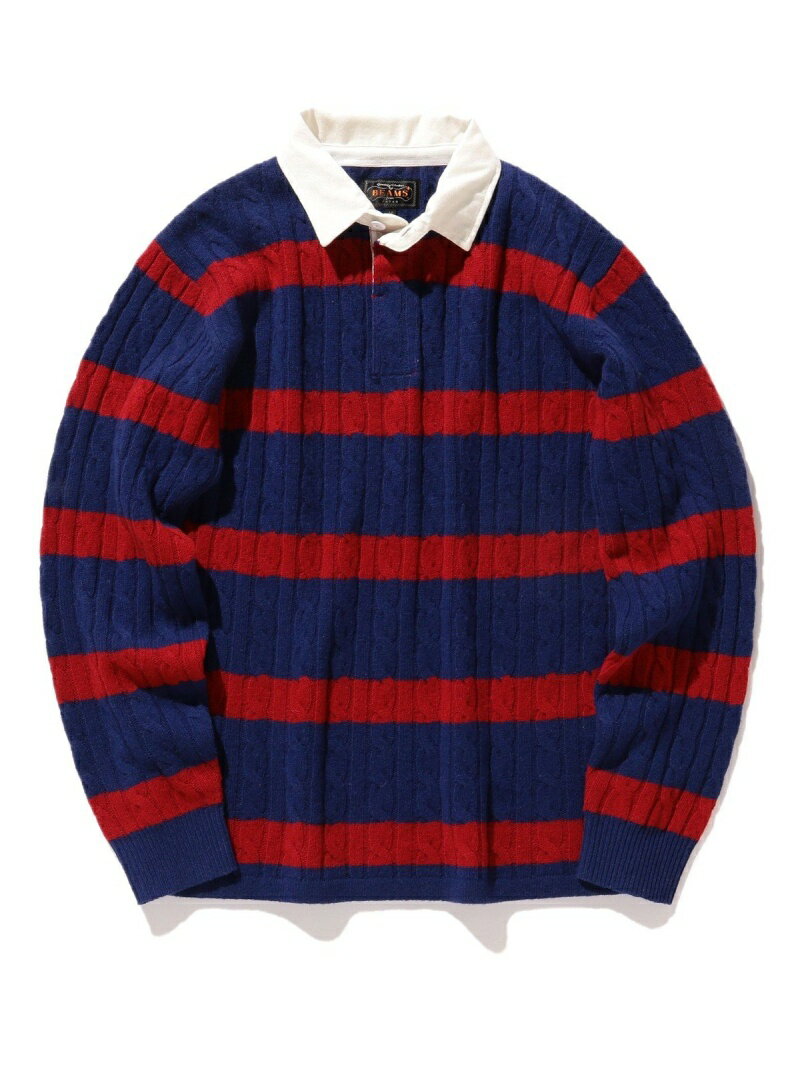 Blended Wool Stripe Rugby Cable Sweater 11-15-1353-103: Blue