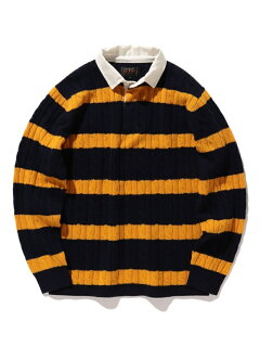 Blended Wool Stripe Rugby Cable Sweater 11-15-1353-103: Navy Blended Wool Stripe Rugby Cable Sweater 11-15-1353-103: Navy