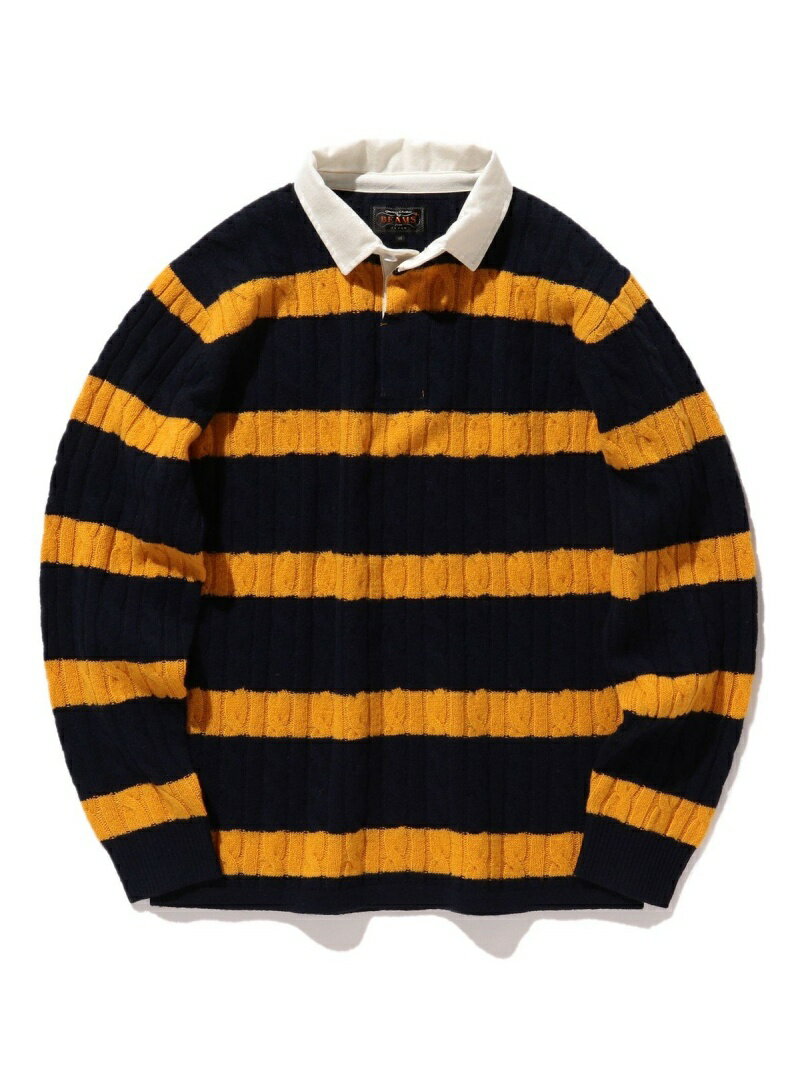 Blended Wool Stripe Rugby Cable Sweater 11-15-1353-103: Navy