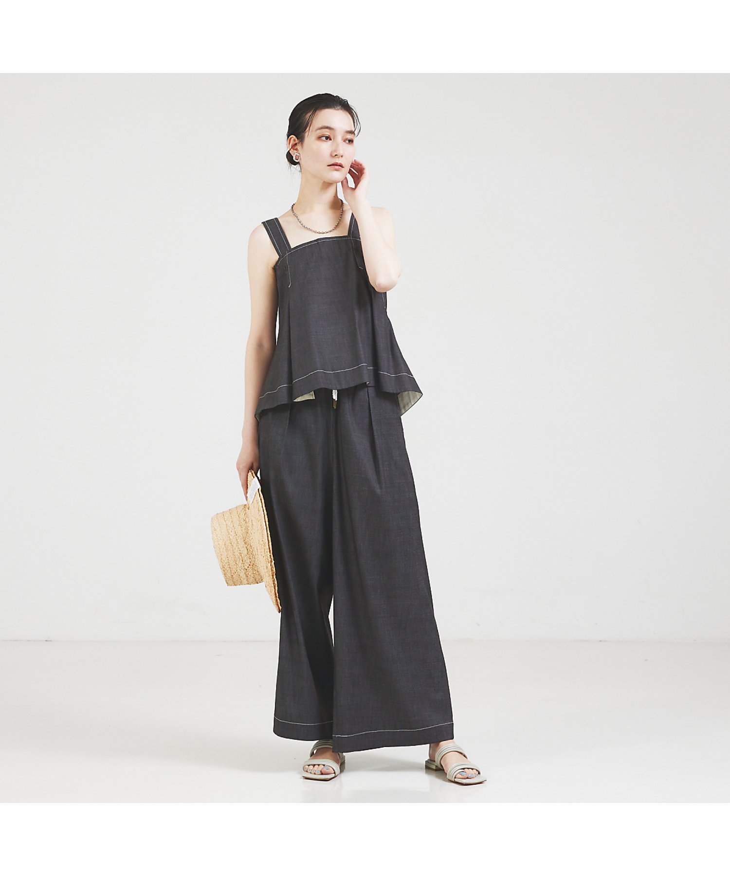 qualite コットンリヨセルデニムワイドパンツ カリテ パンツ ジーンズ・デニムパンツ ブラック ブルー