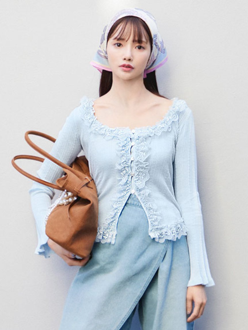 SNIDEL Sustainableフリルニットプルオーバー スナイデル トップス ニット ブルー ホワイト グレー【送料無料】