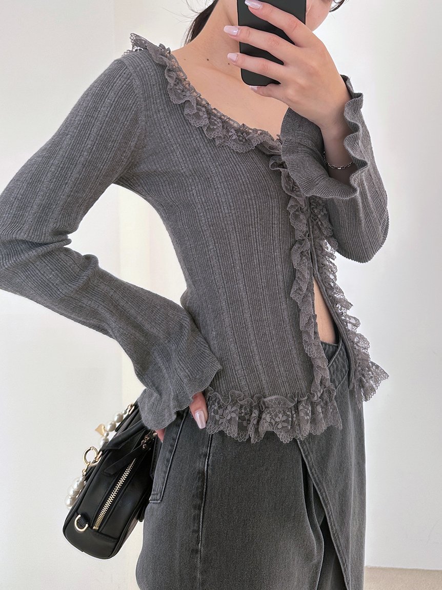 SNIDEL Sustainableフリルニットプルオーバー スナイデル トップス ニット ブルー ホワイト グレー【送料無料】