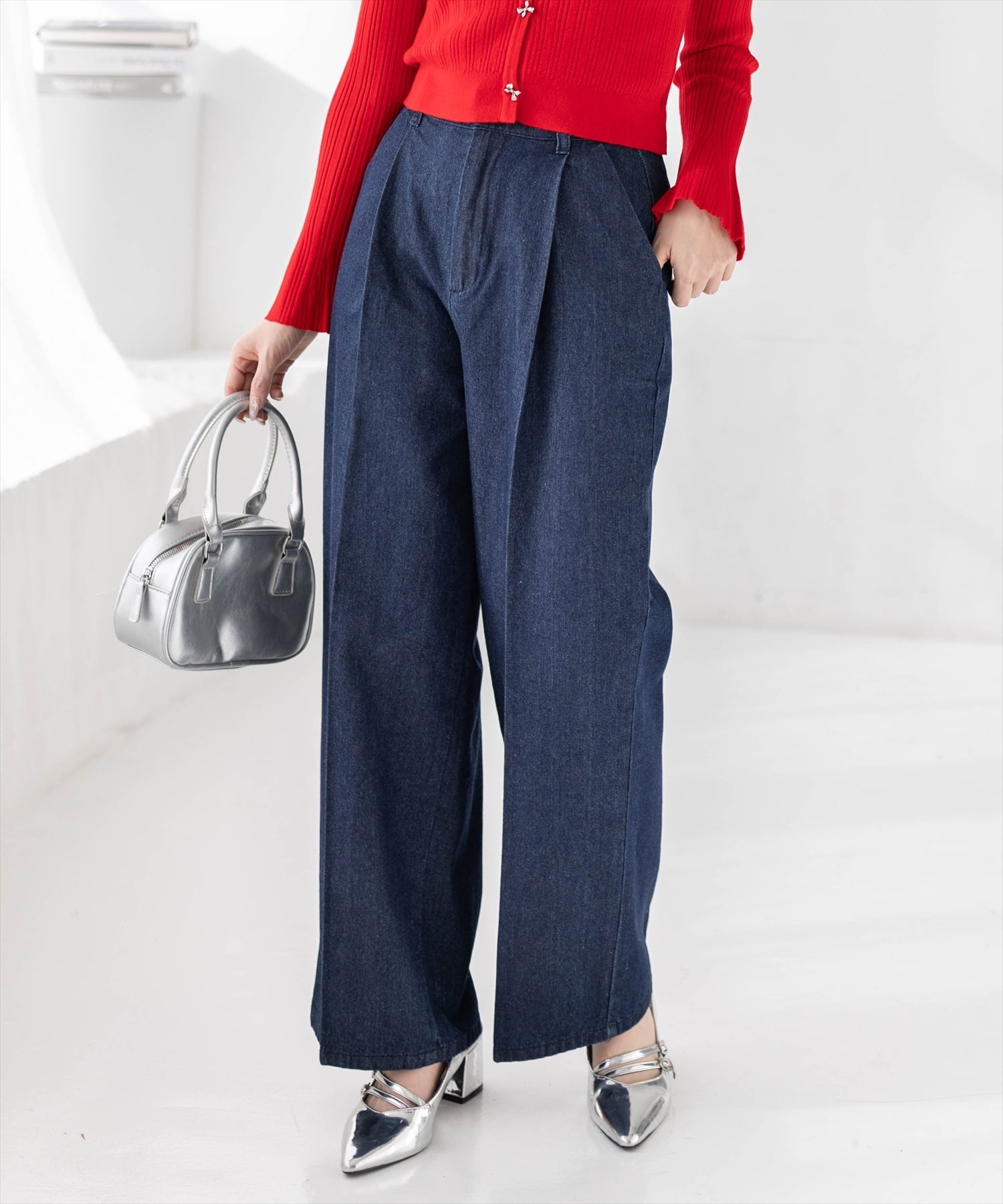 【SALE／15%OFF】clear ハイウエストタックワイドデニムパンツ クリア パンツ ジーンズ・デニムパンツ ネイビー