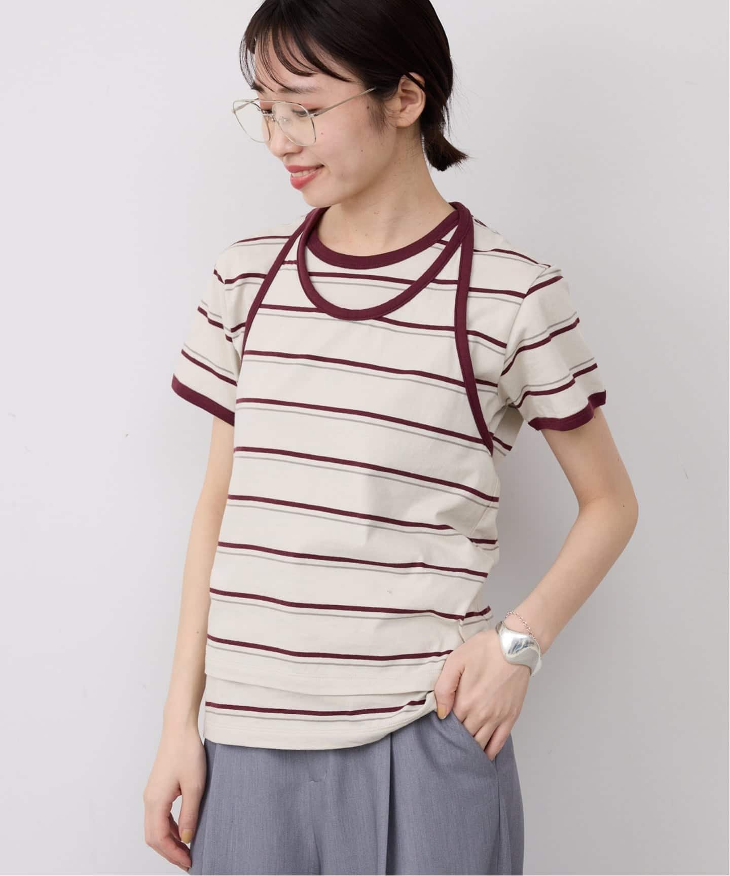 SLOBE IENA 《2枚セット》ホルターネックボーダーTセット スローブ イエナ トップス カットソー・Tシャツ グレー ブルー