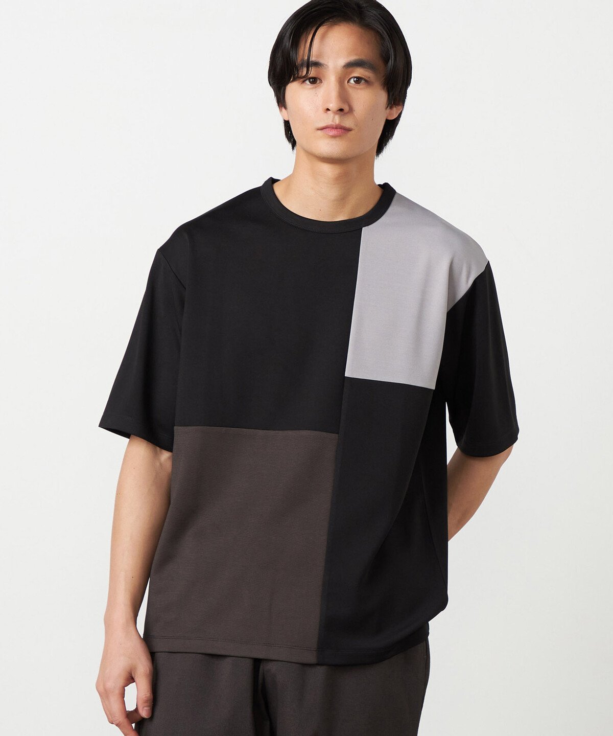 COMME CA ISM 【吸水速乾】フェイクレイヤード ブロッキングTシャツ コムサイズム トップス カットソー・Tシャツ ブラック グリーン ホワイト グレー