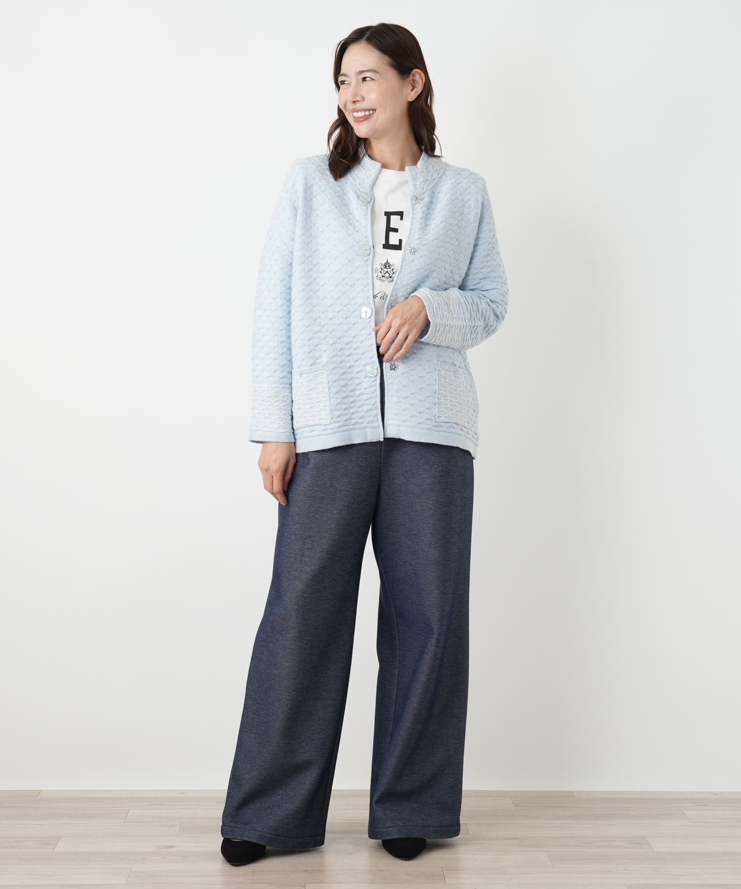 Leilian PLUS HOUSE ニットジャケット【CINZIA CALDI】 レリアン プラスハウス ジャケット・アウター テーラードジャケット・ブレザー ベージュ ブルー