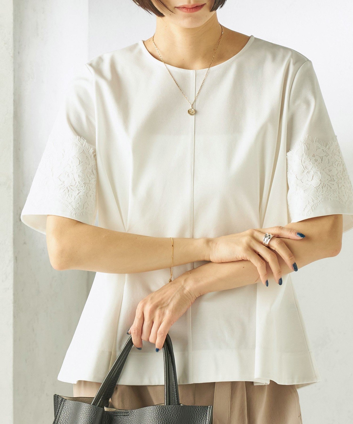 WOMEN ＜手洗い可能＞シルケット ポンチ レース コンビ プルオーバー シップス トップス カットソー・Tシャツ ホワイト ブルー