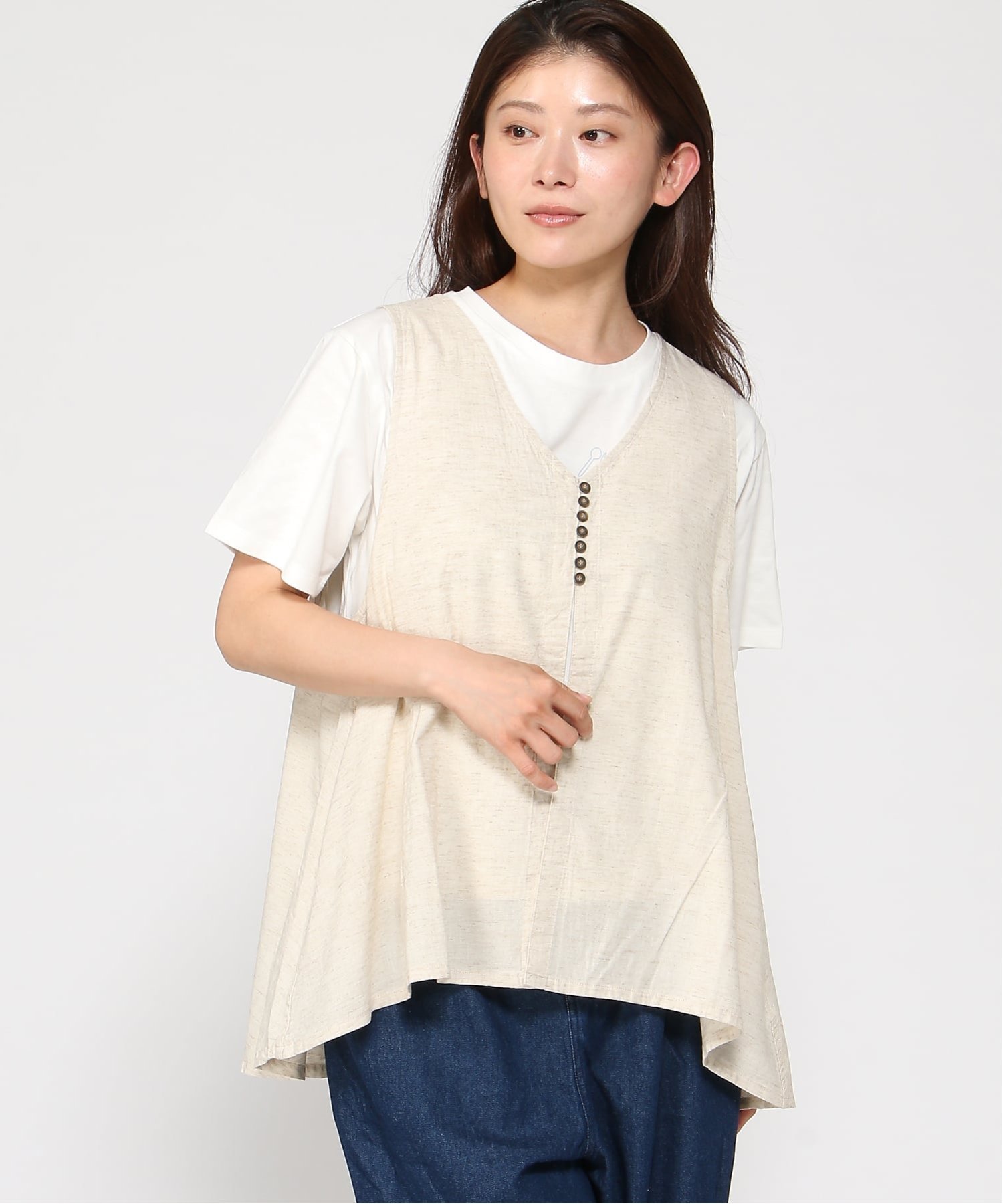 【SALE／20%OFF】cloudnine cloudnine/【2026 新作】前開きコットンリネンベスト ナチュラル素材 レイヤードベスト ポケット付き クラウドナイン トップス ベスト・ジレ ベージュ ブラック グレー