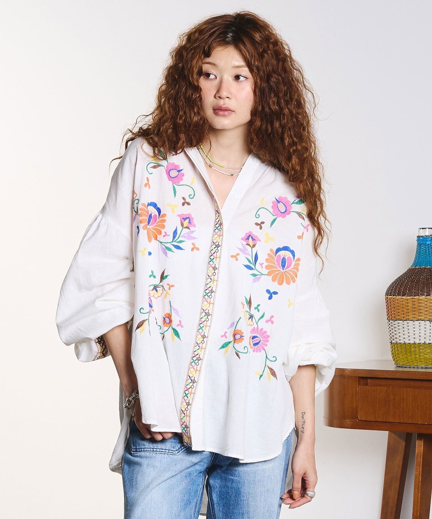 ROSE BUD HLAADA for ROSEBUD/EMBROIDERY LONG SLEEVE SHIRT ローズバッド トップス シャツ・ブラウス ホワイト ブラック